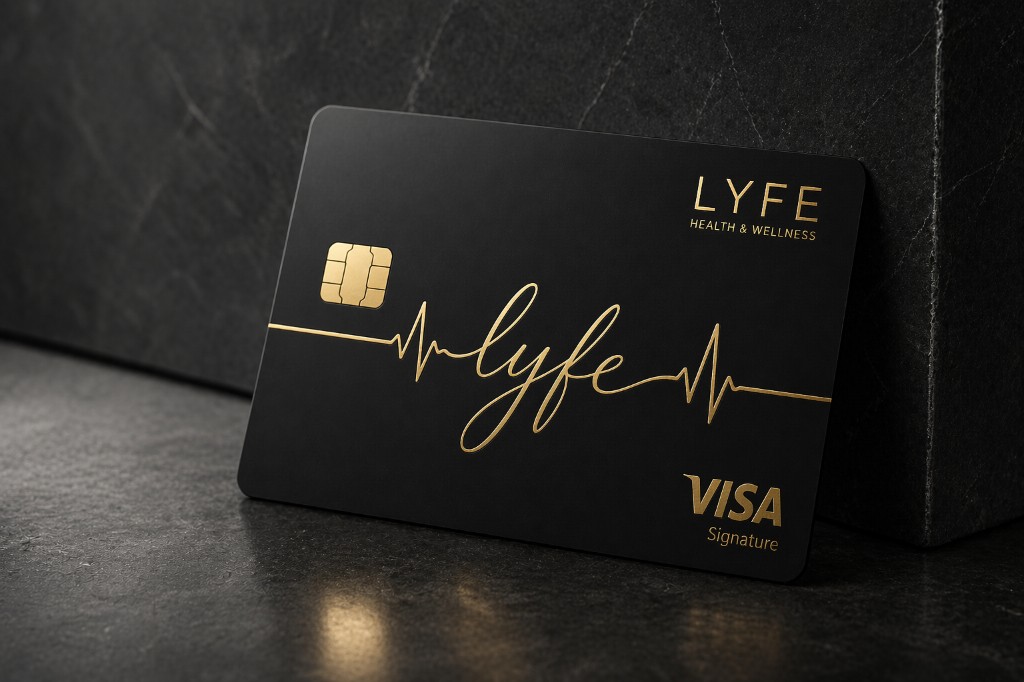 LYFE elite card, corner light on veined stone