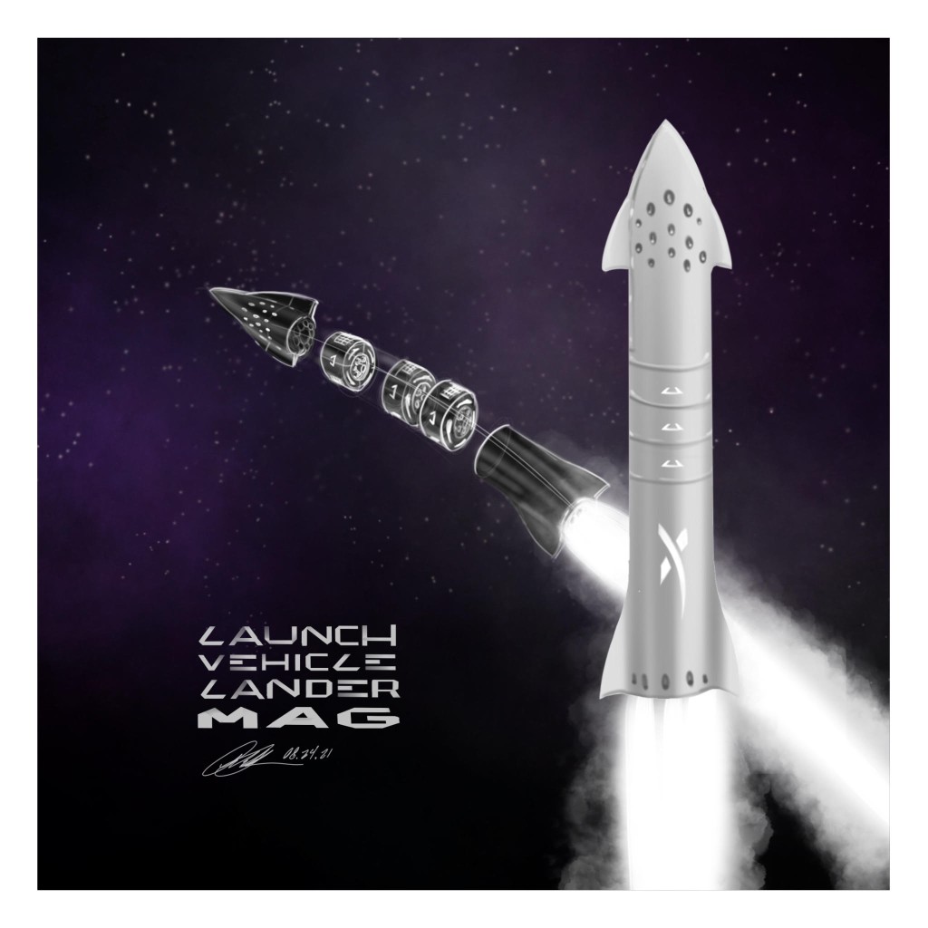 Starship-style launch vehicle with exploded module view and ascent plume against purple nebula.