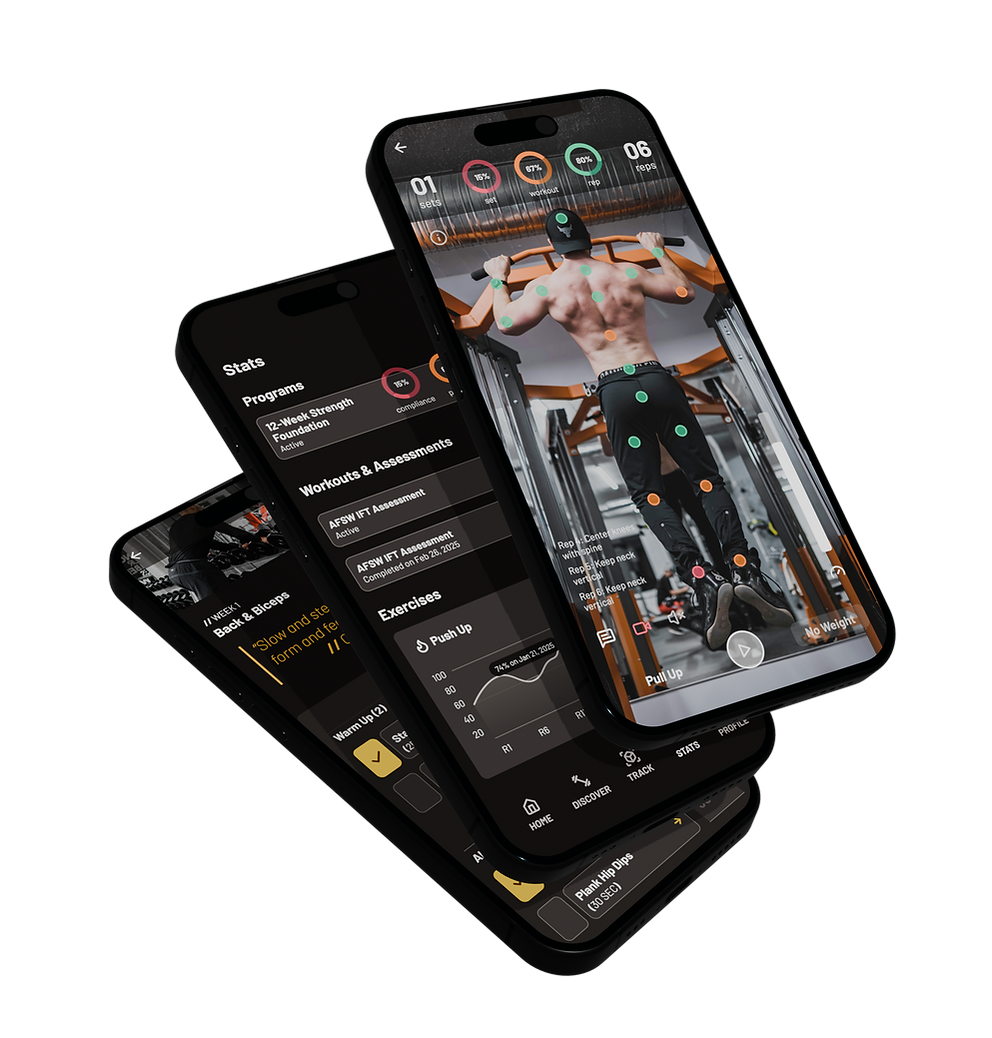 Three iPhones showing POSE Fitness: live pull-up with AI joint tracking and rep feedback, Stats dashboard with programs and trends, and Back & Biceps workout guidance.