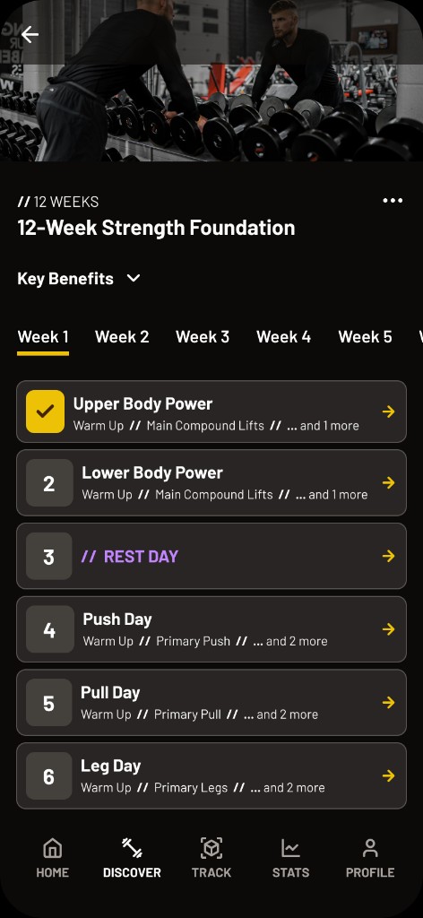 POSE 12-Week Strength Foundation program detail with weekly tabs and workout list.