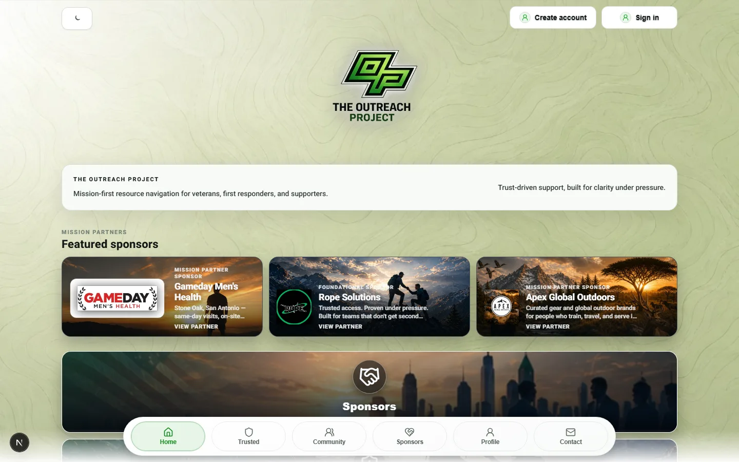 Desktop home with mission messaging and featured sponsors.